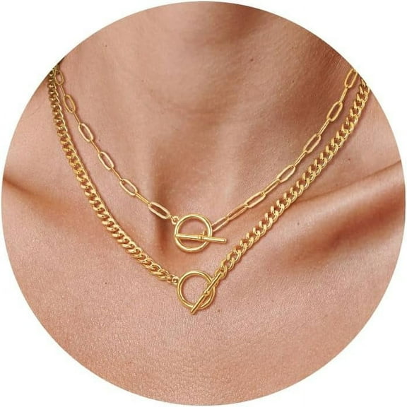Gold Layered Necklaces for Women, 14K Dainty Gold Chain Necklace Women Trendy Cuban Link Paperclip Chain Toggle Clasp Necklace Fashion Chunky Jewelry for Women