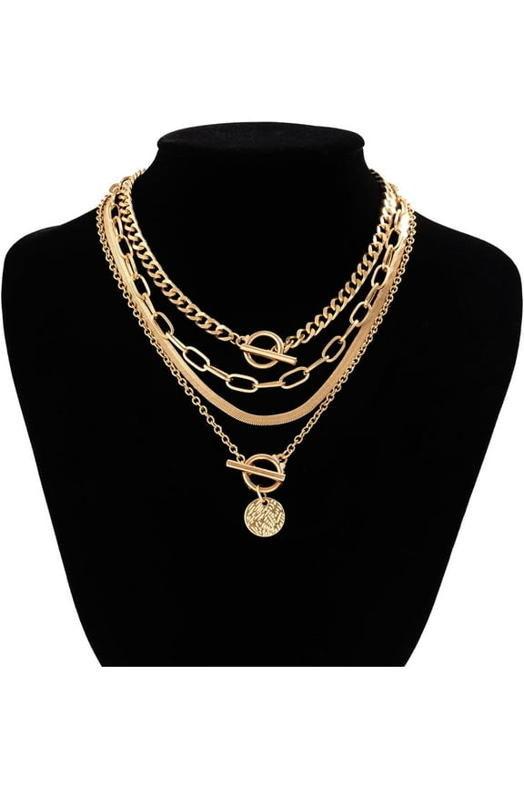 Gold Layered Necklaces for Women Chunky Gold Necklace Herringbone Paperclip Chain Necklace Dainty Cuban Stacking Coin Heart Star Cross Pendant T Bar Necklace Gold Jewelry Gifts