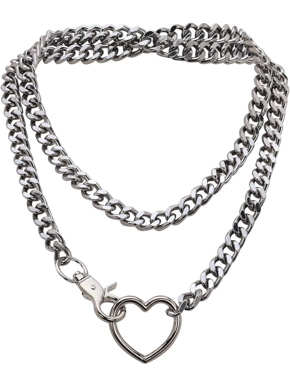 Gold Layered Necklaces for Women, Silver Cuban Slip Chain Heart O-ring Chunky Chain Necklace, 36 Inches Adjustable Lariat Heart Y-Necklace for Women and Men, Goth Jewelry Necklace