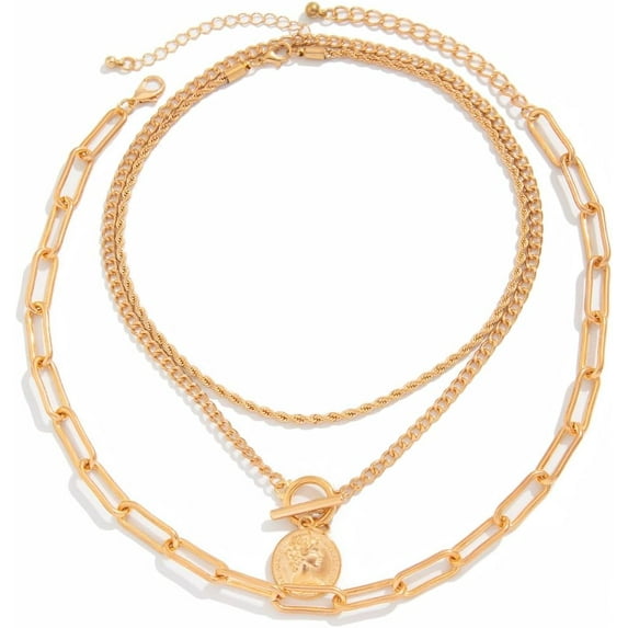 Gold Layered Necklaces for Women Chunky Silver Necklace Coin Paperclip Stacked Necklace Trendy Statement Jewelry