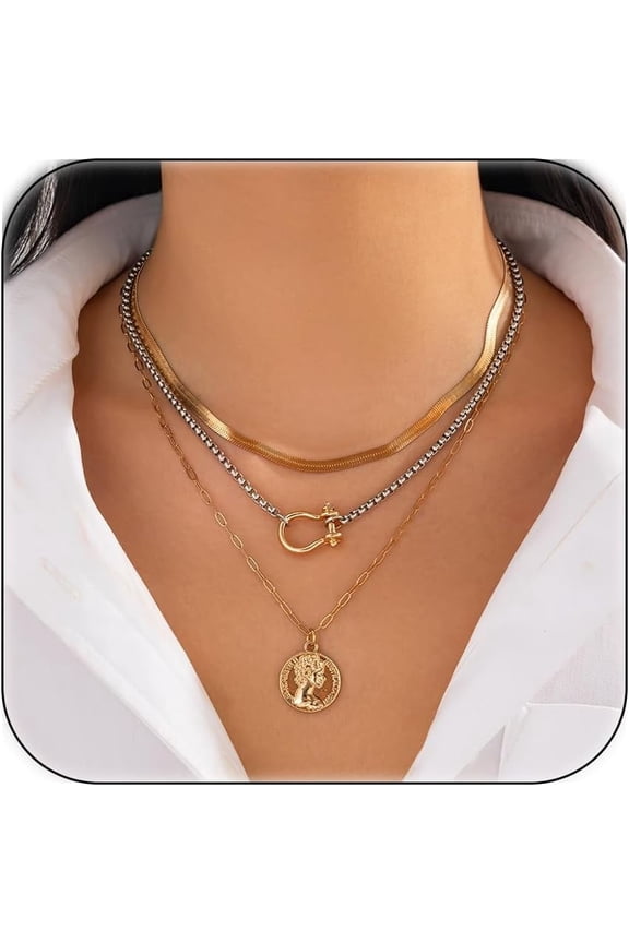 Gold Layered Necklaces for Women Chunky Silver Necklace Coin Paperclip Stacked Necklace Trendy Statement Jewelry