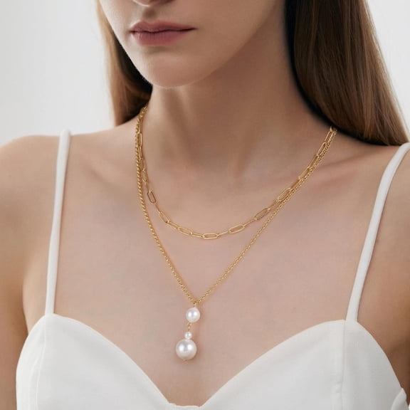 Gold Layered Pearl Pendant Necklaces, 18K Gold Plated Initial Paperclip Link Chain Necklace Necklace Jewelry Gifts For Women[o7688]