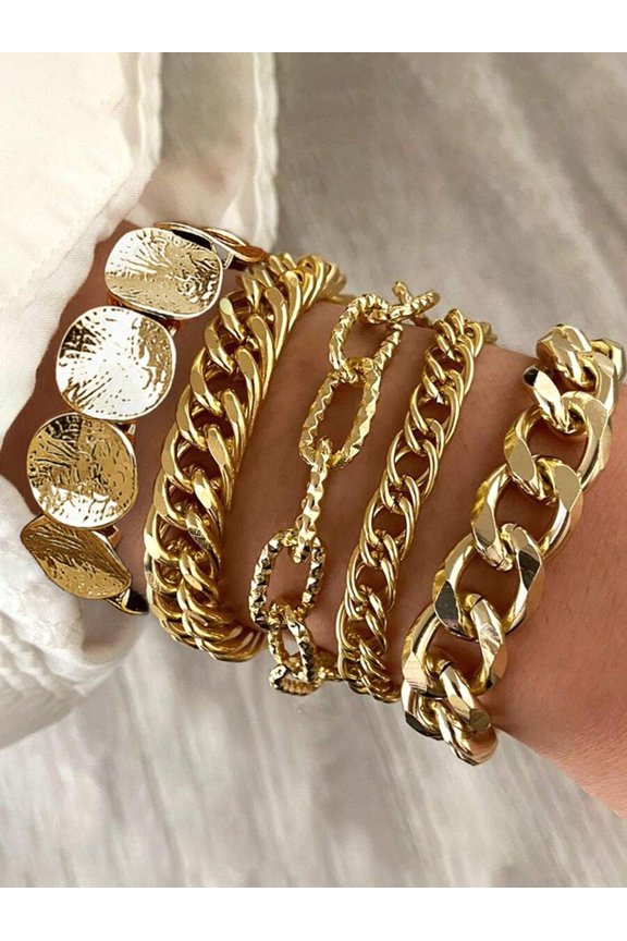 Gold Layered Punk Chain Bracelet Set: Chunky Curb, Disc & Open Bangle