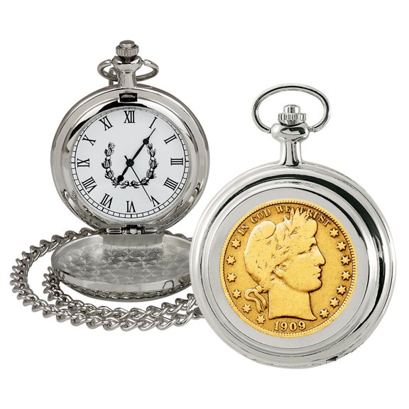 Gold Layered Silver Barber Half Dollar Coin Pocket Watch with Quartz Movement