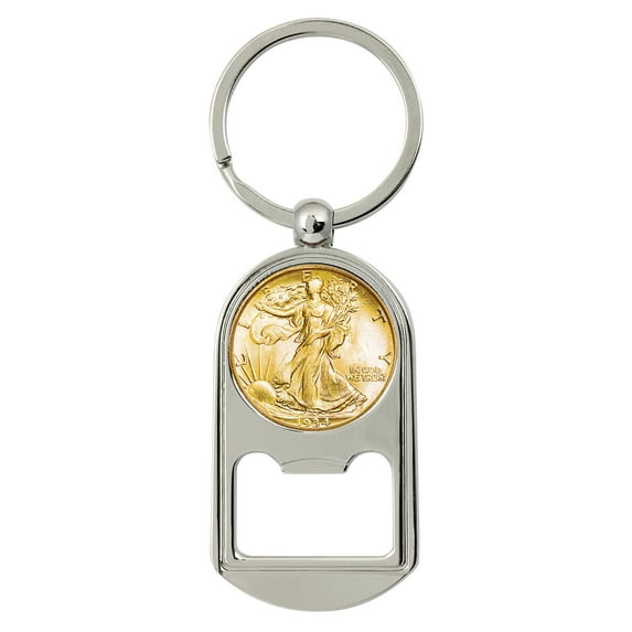 Gold-Layered Silver Walking Liberty Half Dollar Coin Key Chain Bottle Opener