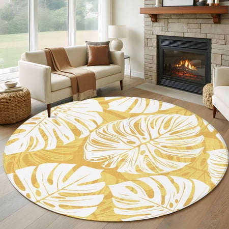 Gold Leaf 6FT Round Area Rugs for Living Room Tropical Country Watercolor Jungle Botanical Yellow Leaves Ultra-Thin Non-Slip Round Rugs Washable Low Pile Circle Carpet for Bedroom Kitchen Nursery