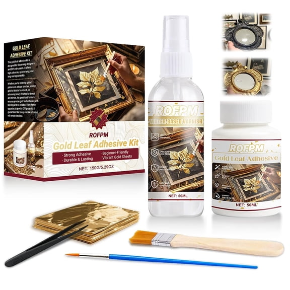 Gold Leaf Adhesive Kit, Metal Leaf Sheets for Art, Gilding Glue Kit with Gold Foil Sheets 50pcs, 50ml Metal Leafing Glue and Water Based Varnish for Craft, Painting, Furniture and Decoration