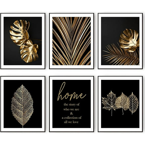 Gold Leaf Art Prints Modern Black Gold Botanical Tropical Plant Leaves Art Wall Pictures Canvas Prints Gallery Wall Art Poster Wall Decor Bedroom Room Home Decor 8x10 Inches Unframed