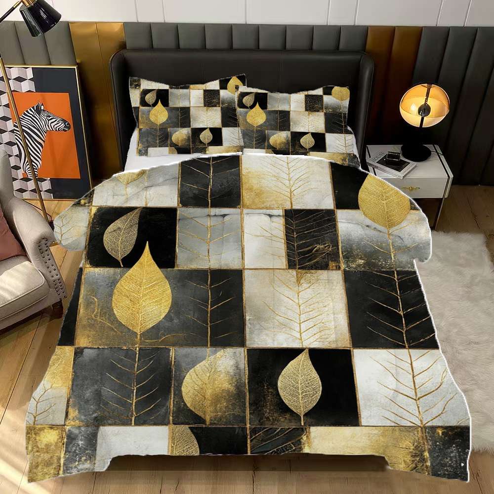 Checked Pattern Comforter Gold Leaf Checkered Pattern Comforter Set Queen Size Bedding Set For ...