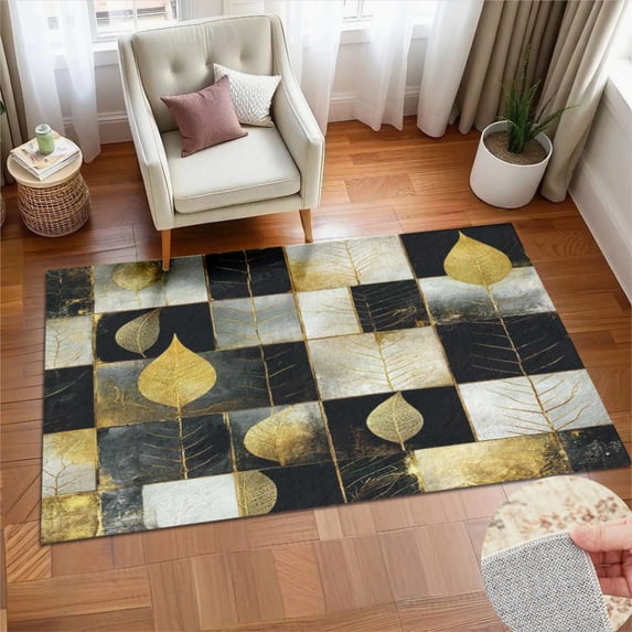 Gold Leaf Checkered Pattern Soft Large Area Rugs Washable Rug With Non-Slip Backing Carpet For Living Room Bedroom Kitchen