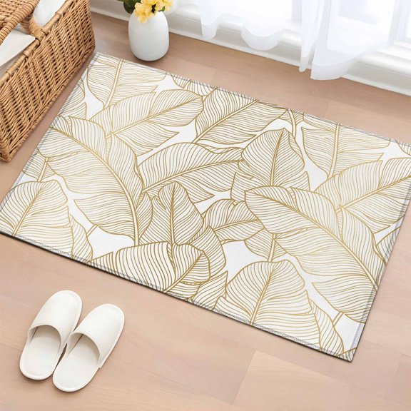 Gold Leaf Entryway Rug 2'x3' Modern Gold Lines Tropical Banana Leaf Small Area Rug Non-Slip Front Door Mat Washable Floor Carpet for Indoor Entrance Kitchen Bathroom