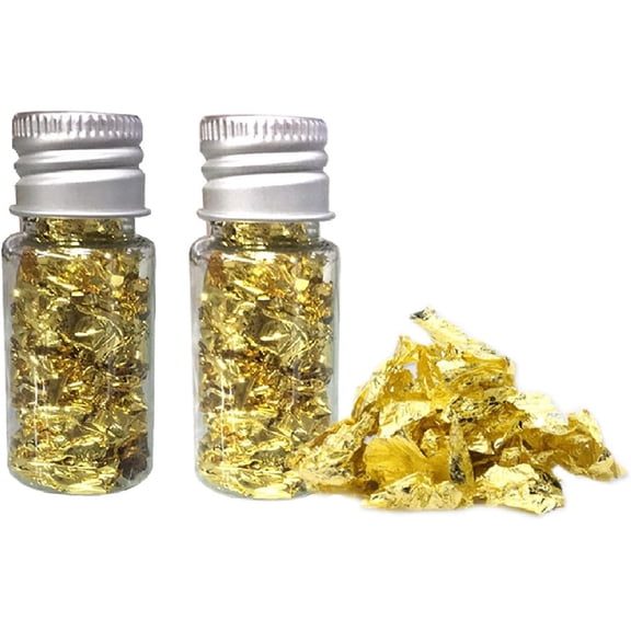 Gold Leaf Flakes,Gold Foil Flakes for Resin Gold Leaf Cake Decoration 10g Metallic Foil Flakes for Nail Art, Painting, Crafts, DIY Gold Foil Decor Chocolates Decor Gold Leaf Sheets (2PCS Gold)