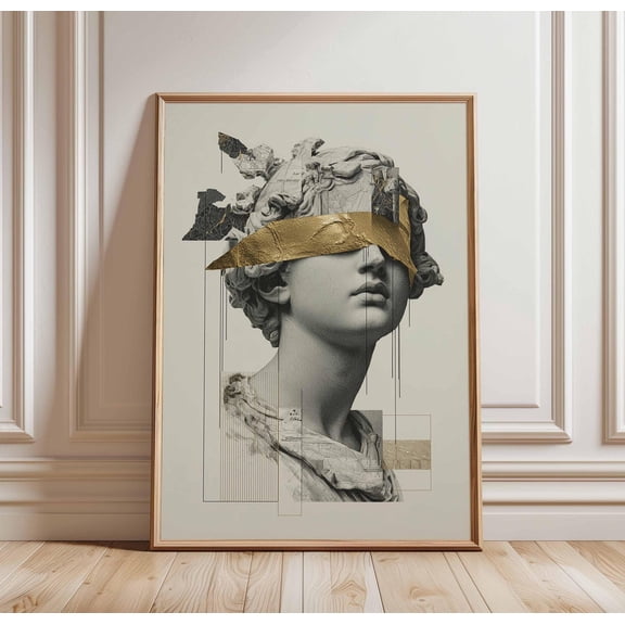 Gold Leaf Greek Statue Poster Modern Classical Bust Wall Art Abstract Collage Print Minima