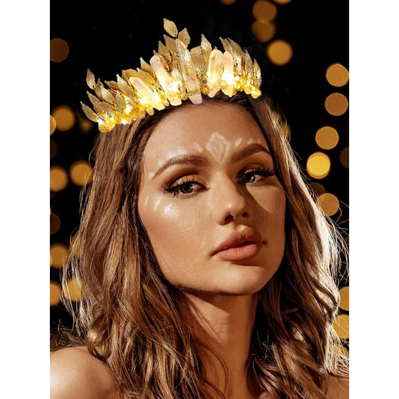 Gold Leaf Headband Raw Crystal Quartz Headbands Light up Crown Headbands Gold Goddess Headpiece Bridal Headdress Festival Wedding Bride Hair Accessories for Women and Girls