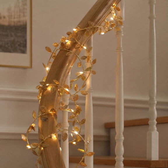 Gold Leaf LED String Lights 78.74in, Battery Operated Warm Fairy Lights for Christmas Tree Mantel Wedding, Elegant Holiday Home Decor