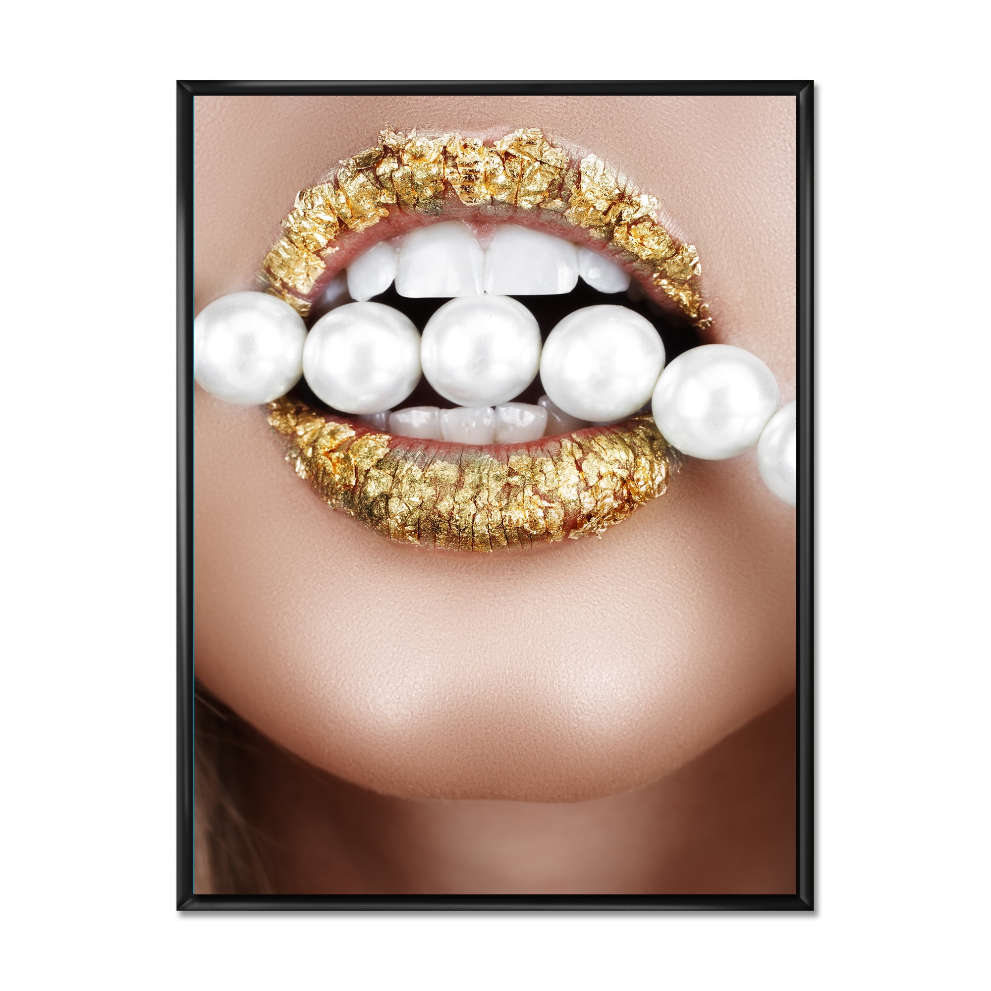 Gold Leaf Lips Mouth With Pearls 16 in x 32 in Framed Photography Canvas Art Print, by Designart