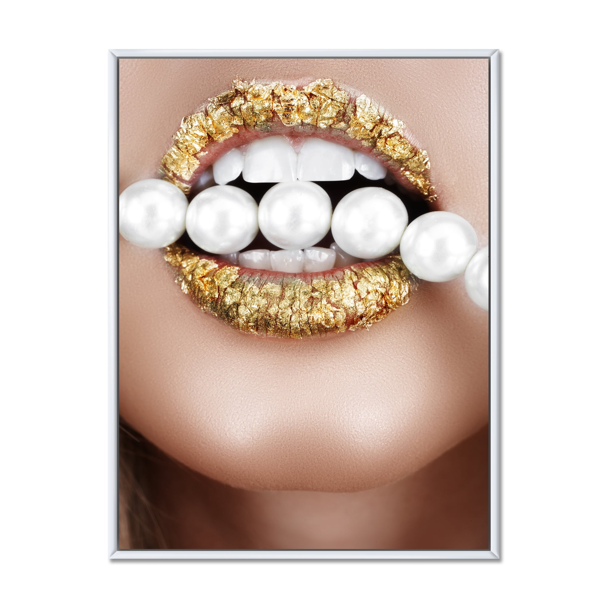 Gold Leaf Lips Mouth With Pearls 16 in x 32 in Framed Photography Canvas Art Print, by Designart