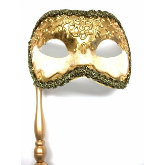 Gold Leaf Off White Antique Masquerade Mask Paper Mache Mardi Gras Stick