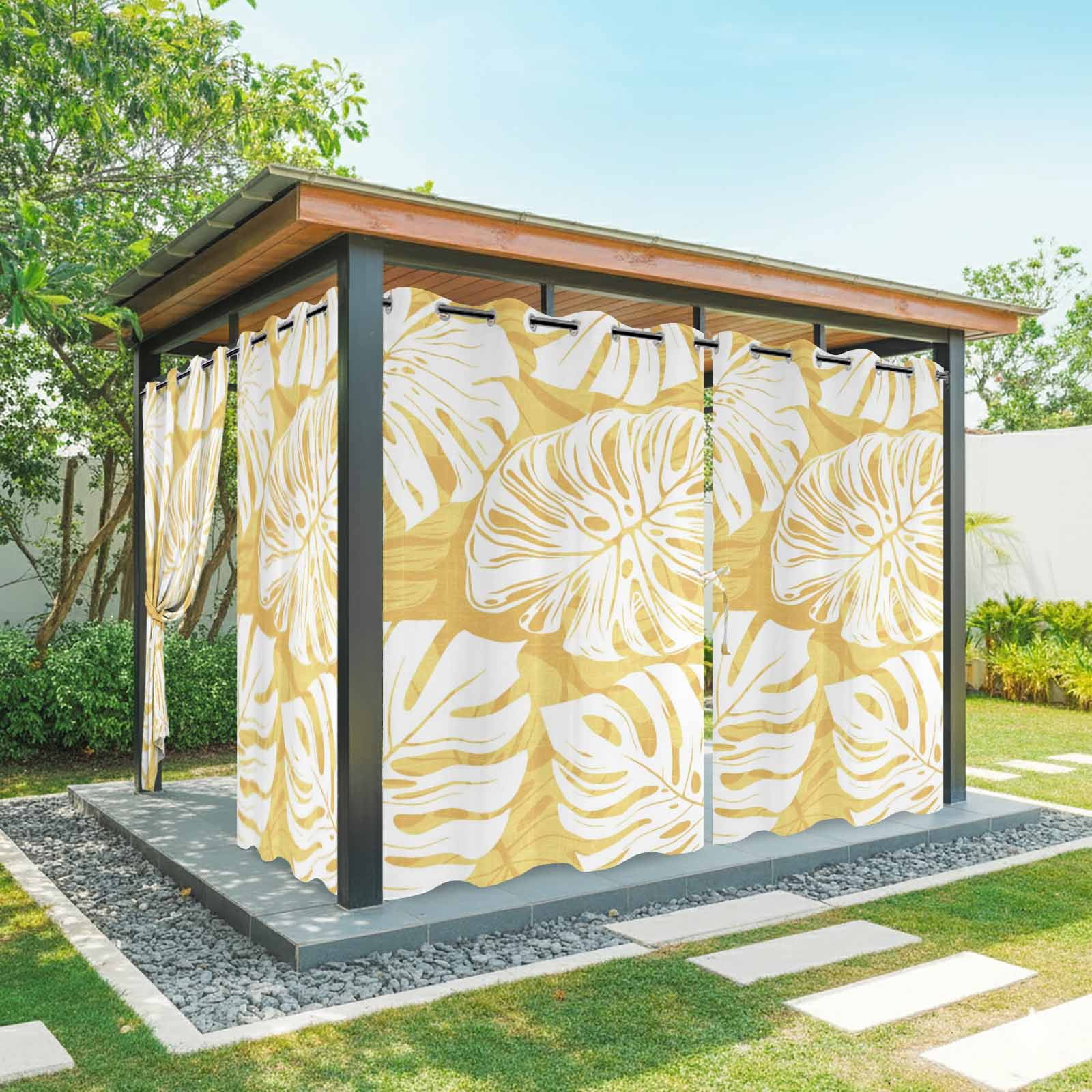 Gold Leaf Outdoor Curtains for Patio, Tropical Country Watercolor Jungle Botanical Yellow Leaf Sunshade Privacy Drapes Grommet Waterproof Outside Curtains for Porch/Cabana/Balcony 54"x 108", 1 Panel