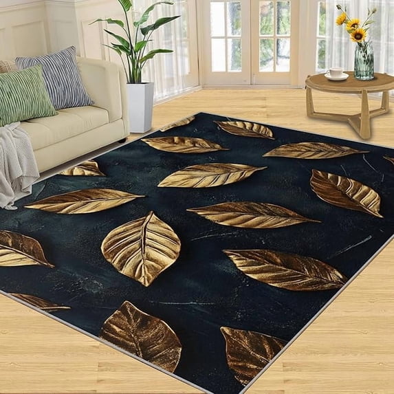 Gold Leaf Rugs for Bedroom, Luxurious Golden Leaves Area Rug, Dark Blue Pattern Rugs for Living Room, Indoor Non-Slip Rug, Machine Washable Carpet for Front Entrance Floor Decor 4 x 6ft