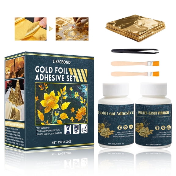 Gold Leaf Sheets for Art Gilding Adhesive Set 50ml Water Based Metal Leaf Glue and 50ml Protective Varnish, Gold Foil Sheets 50 pcs for Painting, Furniture and Decoration