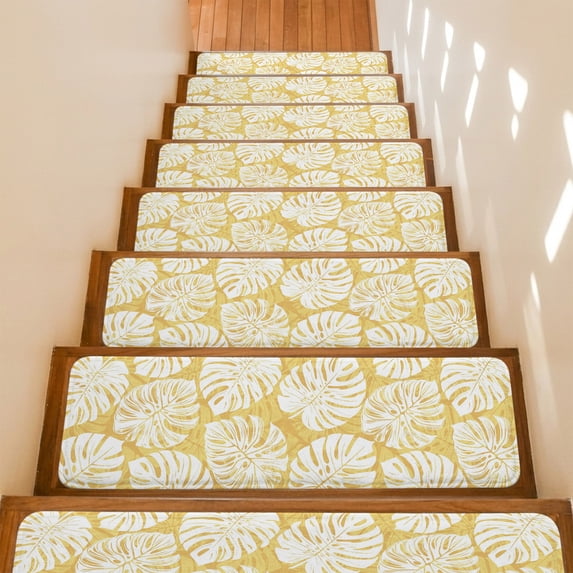 Gold Leaf Stair Treads Non Slip for Steps Tropical Country Watercolor Jungle Botanical Yellow Leaves 7 Pcs Reusable Adhesive Stair Runner Mats for Dogs Elders Carpet Treads Rugs for Staircase 8x30 In