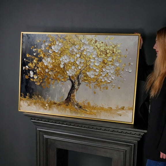 Gold Leaf Tree Golden Foliage Botanical Living Room Decor Wall Art Unframed Paper Print