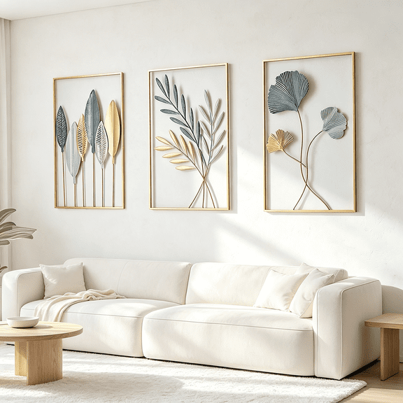 Gold Leaf Wall Decor, 3D Vibrant Multi-tone Metal Wall Sculpture, Modern Wall Art Home Decor, 43 x 30 cm Wall Decoration, Set of 3 Metal Wall Hanging Decoration for Living Room Office Bedroom Hotel