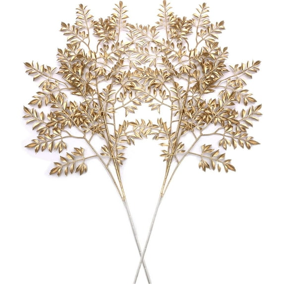 Gold Leaves Decorations for Christmas Artificial Golden Plants Fake Leaf - 17 Inch 5 Pack, Faux Foliage Simulation Flowers Grass Xmas Decor Plant Bushes Indoor Outdoor Wedding Table Centerpiece DIY