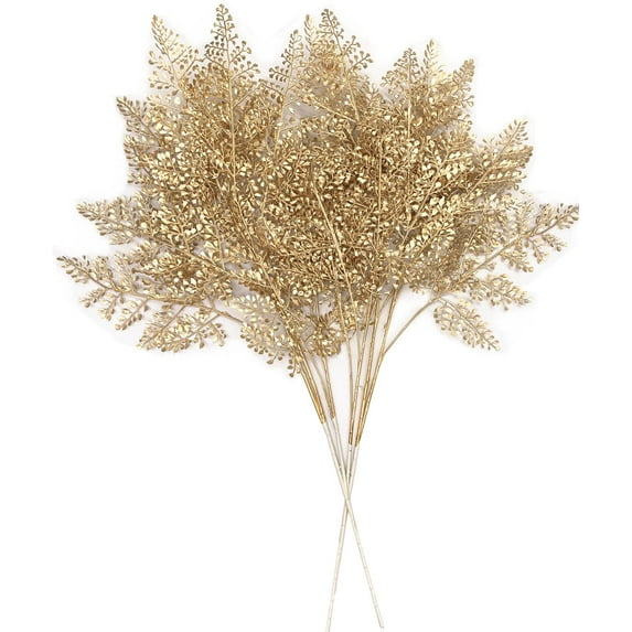 Gold Leaves Decorations for Christmas Artificial Golden Plants Fake Leaf - 17 Inch 5 Pack, Faux Foliage Simulation Flowers Grass Xmas Decor Plant Bushes Indoor Outdoor Wedding Table Centerpiece DIY