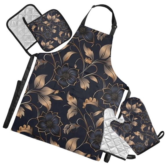 Gold Leaves and Elegant Flower 5 Pcs Kitchen Set Heat Resistant Oven Mitts and Non-Slip Pot Holders with Adjustable Cooking Apron