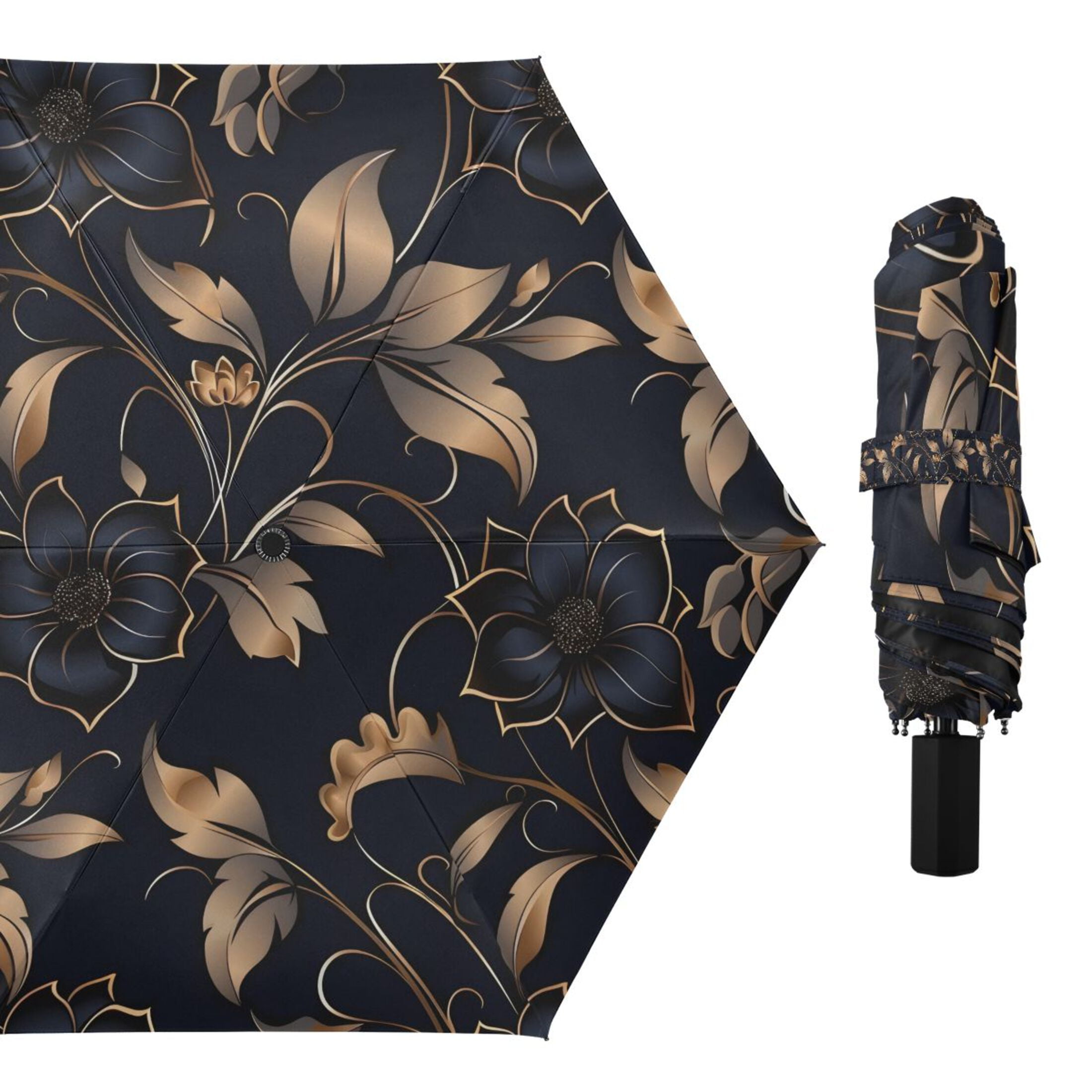 Gold Leaves and Elegant Flower Compact Sun Umbrella Windproof Travel Umbrellas for Rain Strong Portable UV Protection