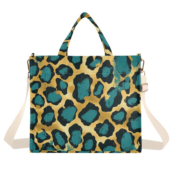 Gold Leopard Print Corduroy Tote Bag Handbag Large Messenger Bag Shoulder Crossbody Zipper Bag Purse