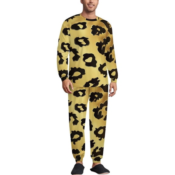 Gold Leopard Print Men's Pajama Set Sleepwear Pjs Lightweight Long Sleeve Crewneck Shirts and Bottoms Soft Comfy Sleep Sets 3XL