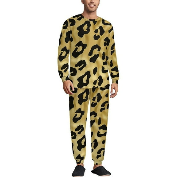 Gold Leopard Print Men's Pajama Set Sleepwear Pjs Lightweight Long Sleeve Crewneck Shirts and Bottoms Soft Comfy Sleep Sets M
