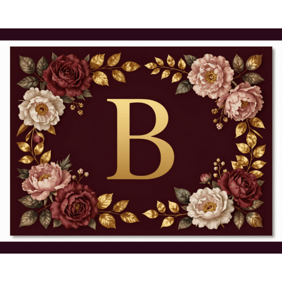 Gold Letter B Burgundy Floral Nursery Alphabet Canvas Wall Art, 12" x 9", Unframed