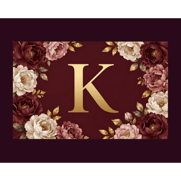 Gold Letter K Burgundy Floral Nursery Alphabet Canvas Wall Art, 10" x 8", Unframed