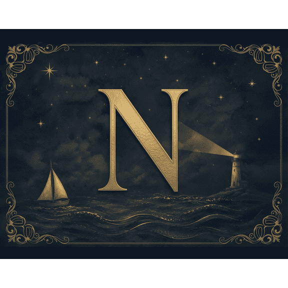Gold Letter N Nautical Nursery Alphabet Canvas Wall Art, 10" x 8", Unframed