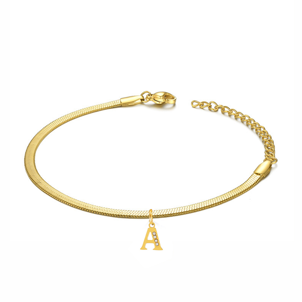 Gold Letter Name Bracelets for Women, 14K Yellow Gold 16CM Flat Blade
