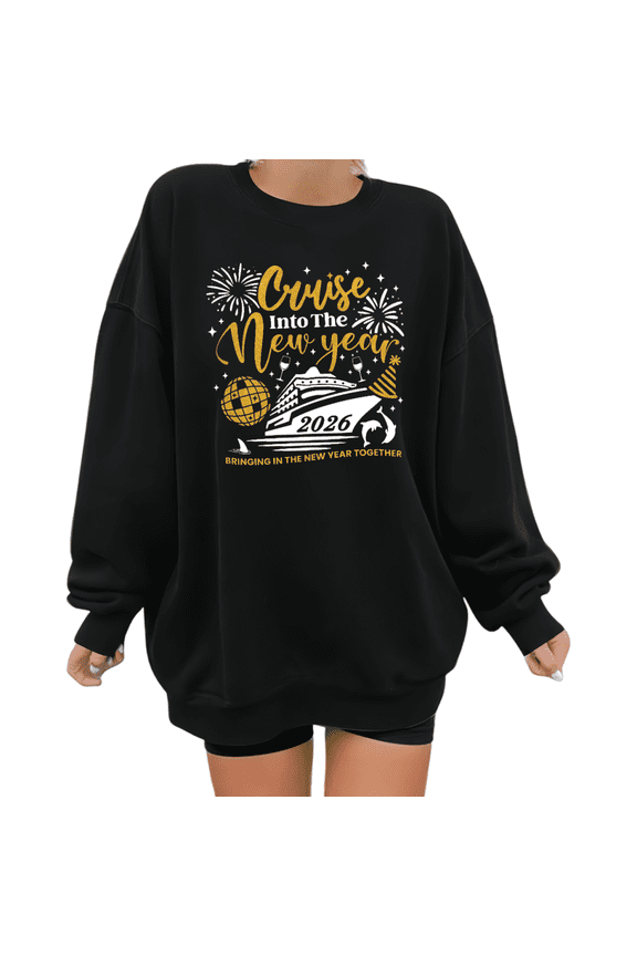 Gold Letter and Ship 2026 Cruise Theme Graphic Tee T Shirt Tops Soft Everyday Cotton Round-neck long-sleeved Black S-3XL