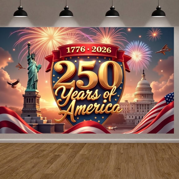 Gold Lettering 250 Years of America Banner Red Ribbon Patriotic Backdrop Blue-Gold Color Scheme Bald Eagle Graphic US 250th Banner for Patriotic Gatherings National Day Events Outdoor Celebrations