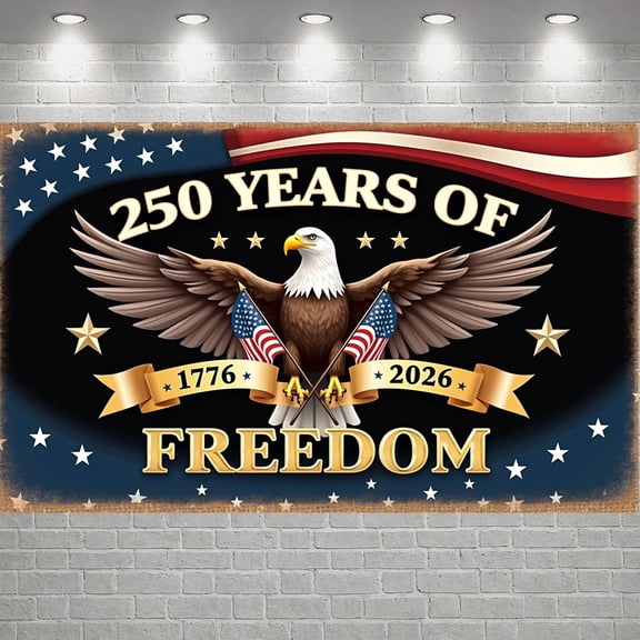 Gold Lettering 250 Years of Freedom Banner Eagle Pattern Patriotic Backdrop Star Decoration Ribbon Design American Freedom Background for Patriotic Celebrations USA Anniversary Events National Day