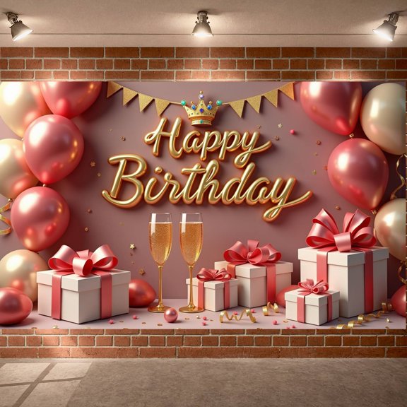 Gold Lettering Banner Pink & Gold Balloons Celebration Backdrop Luxury Gift Boxes Champagne Glasses Glam Background for Adult Birthday Parties Indoor Celebrations Luxury Party Events