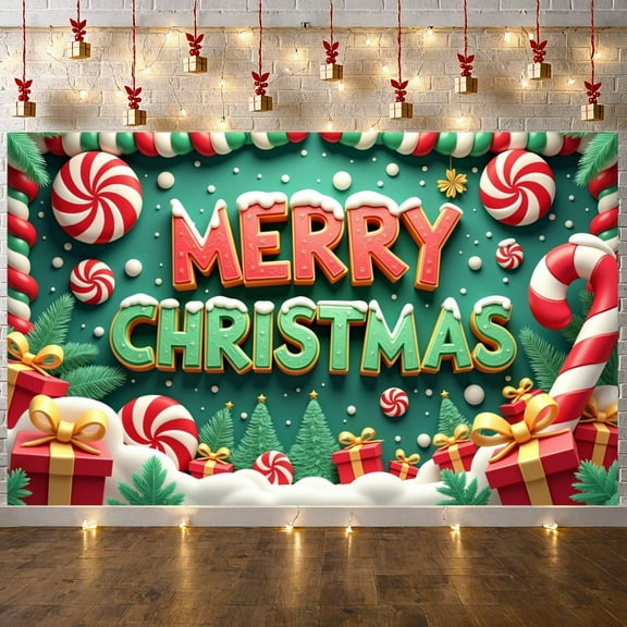 Gold Lettering Christmas Banner Green Background Holiday Backdrop Gift Boxes Candy Canes Festive Background for Christmas Party Holiday Decoration Family Gathering