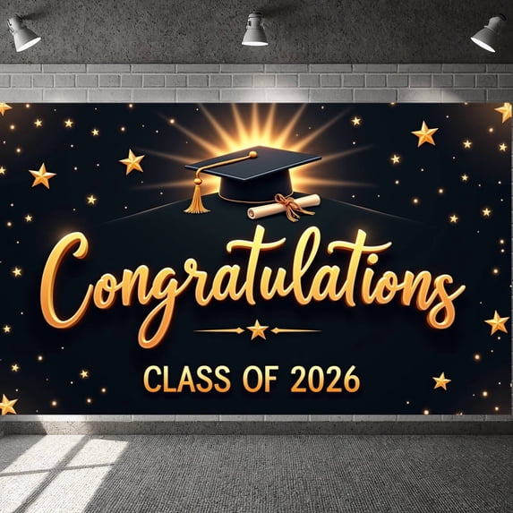 Gold Lettering Congratulations Grad Banner Black & Gold Graduation Backdrop Star Accents Calligraphy Font Congrats Grad Background for High School Graduation College Graduation Graduation Party