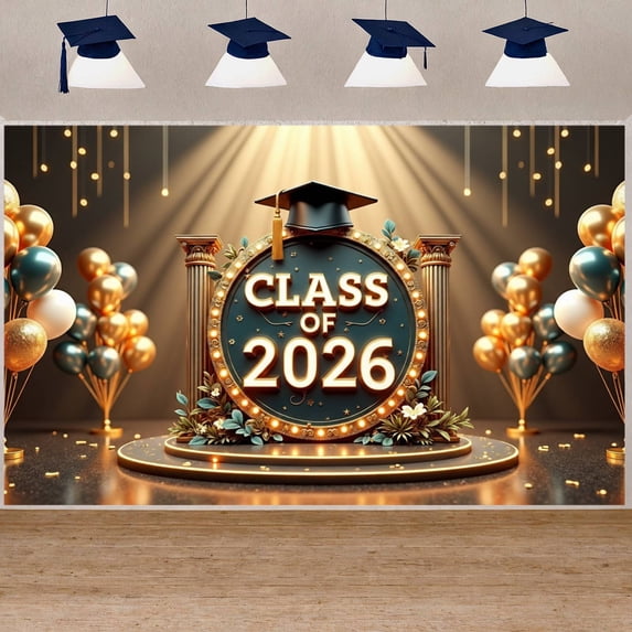 Gold Lettering Congratulations Grad Banner Black & Gold Graduation Backdrop Star Accents Calligraphy Font Congrats Grad Background for High School Graduation College Graduation Graduation Party