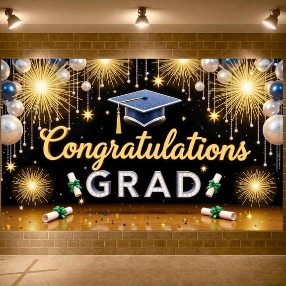 Gold Lettering Graduation Banner Blue Grad Cap Graduation Backdrop Diploma Scroll Gold Fireworks Graduation Display for Graduation Party Graduation Ceremony Graduation Photo Shoot