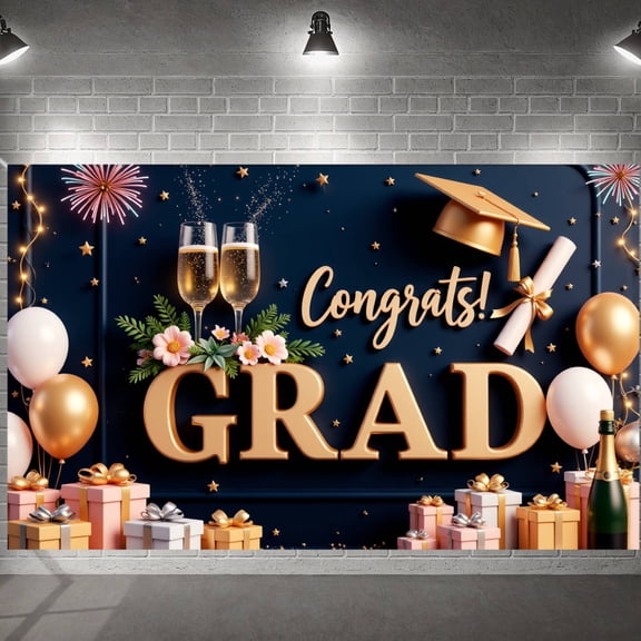 Gold Lettering Graduation Banner Champagne Glass Design Congrats Display Pink Flowers Gold Stars Grad Backdrop for Graduation Ceremony Grad Party Graduation Photo Shoot