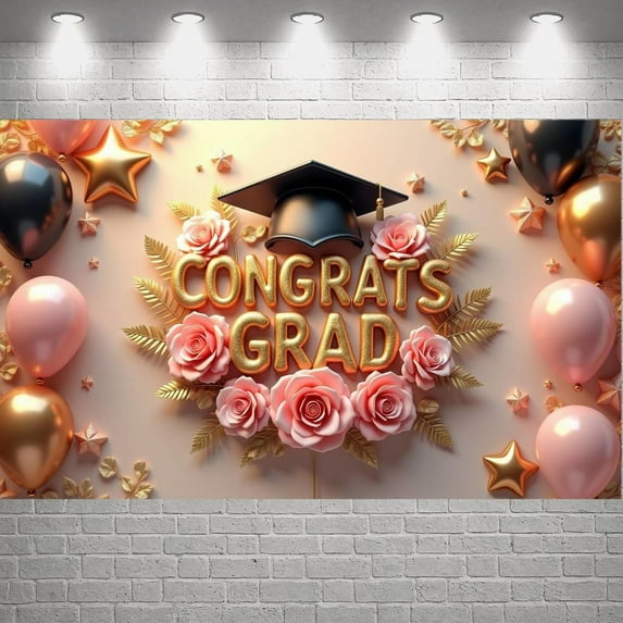 Gold Lettering Graduation Banner Pink Roses Graduation Backdrop Gold Stars Balloon Decor Academic Background for Graduation Ceremony College Graduation Grad Party