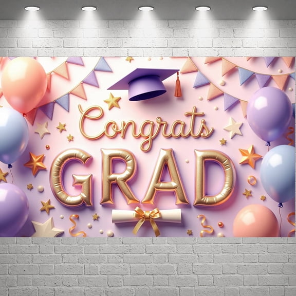 Gold Lettering Graduation Banner Purple Grad Cap Grad Party Backdrop Diploma Scroll Pastel Balloons Graduation Background for Graduation Ceremony College Grad Party Photo Shoot Backdrop